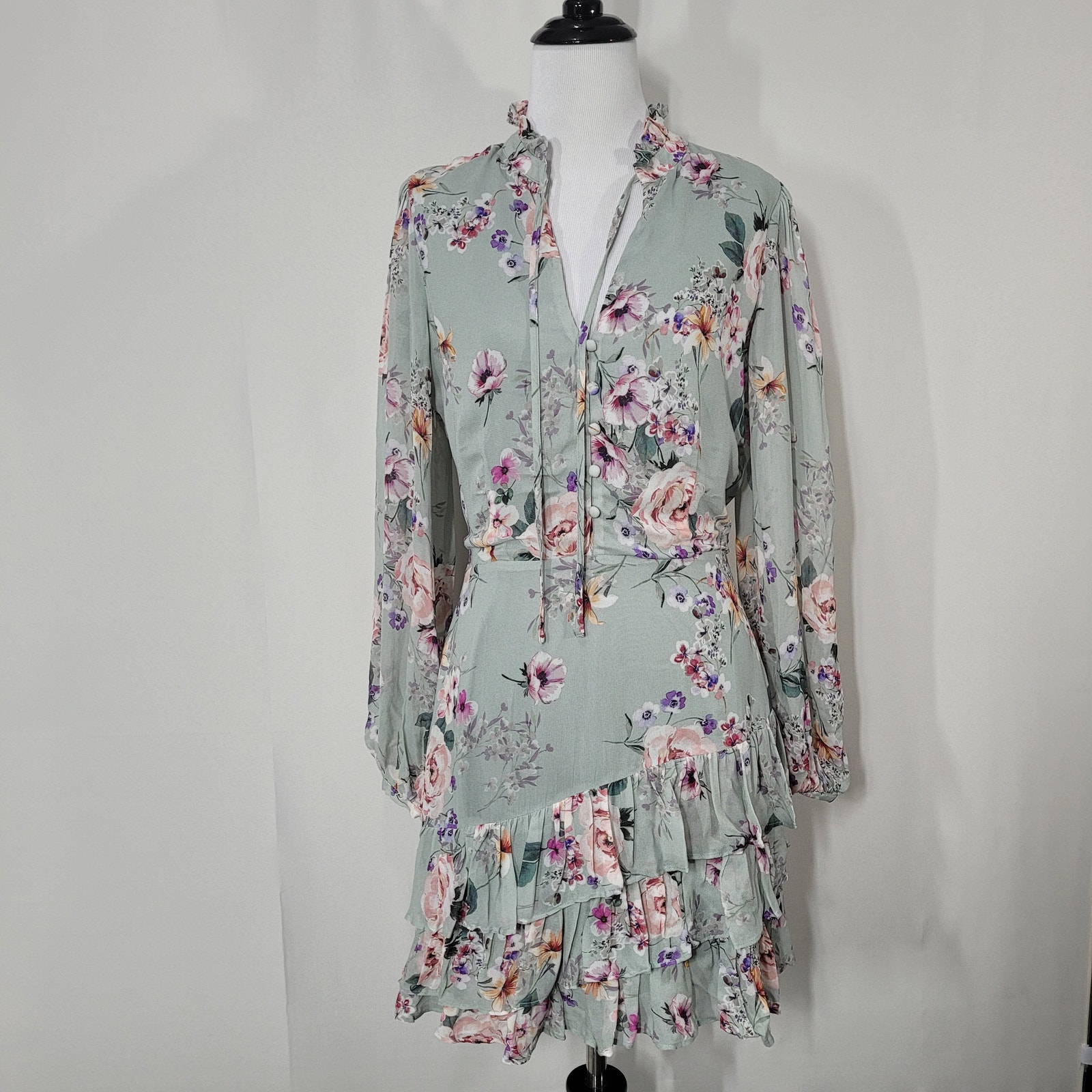 Yumi Kim Silkwood Sage Jenna Mini Dress Blouson Long Sleeves Ruffle Skirt Small